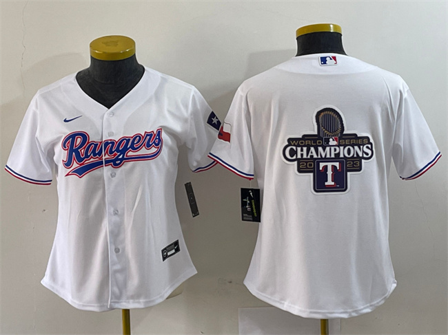 Women's Texas Rangers White 2023 World Series Champions Big Logo With Patch Stitched Baseball Jersey(Run Small)
